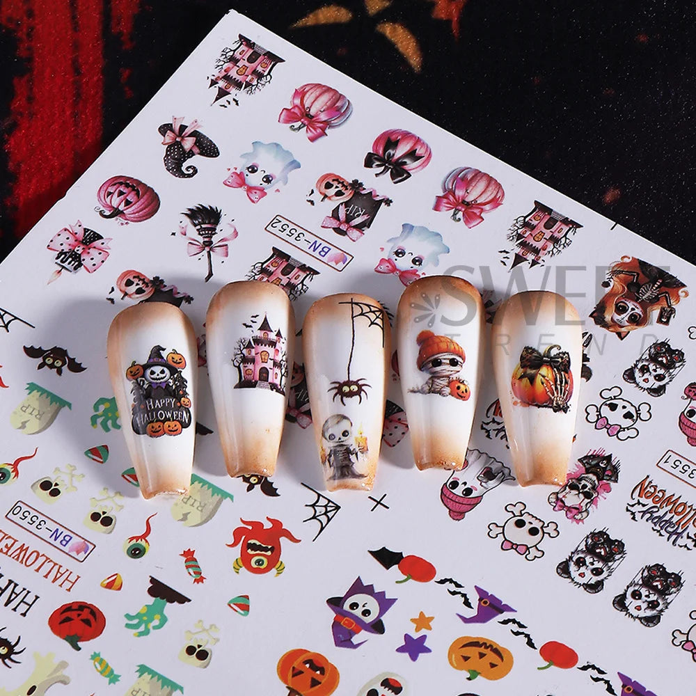 12pcs Halloween Print Water Nail Sticker Spooky Ghost Pumpkin Skull Bat Transfer Sliders Watermark Holiday Manicure Accessories