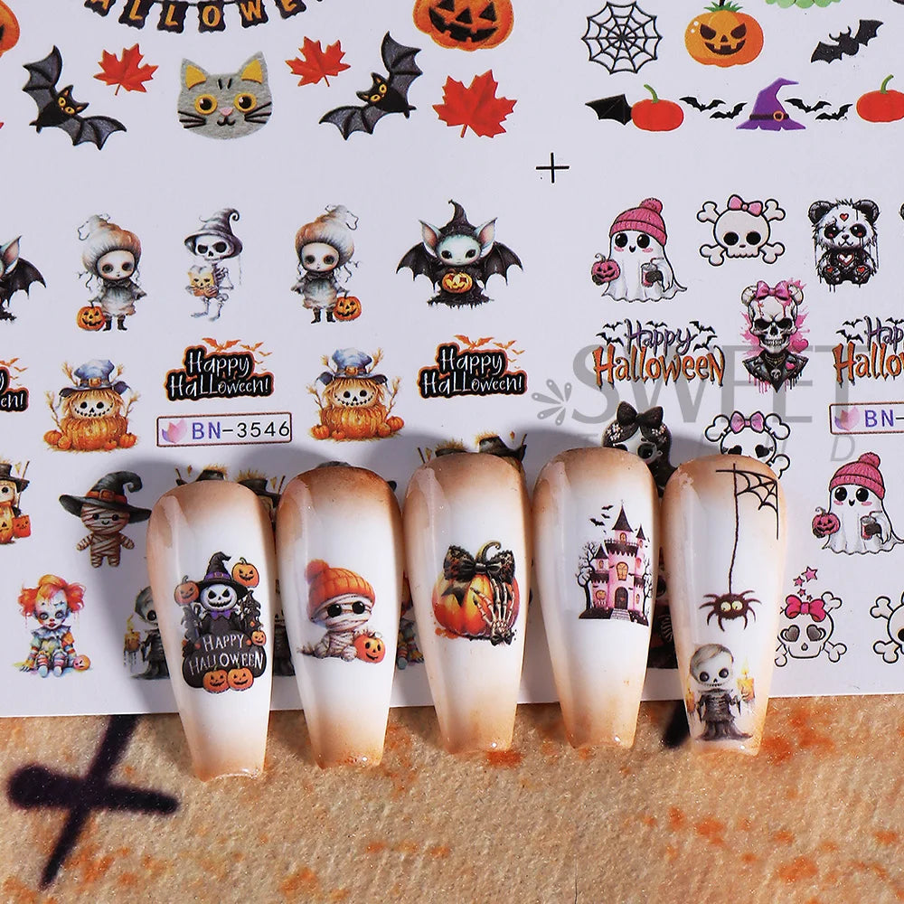12pcs Halloween Print Water Nail Sticker Spooky Ghost Pumpkin Skull Bat Transfer Sliders Watermark Holiday Manicure Accessories