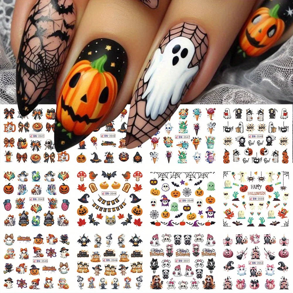 12pcs Halloween Print Water Nail Sticker Spooky Ghost Pumpkin Skull Bat Transfer Sliders Watermark Holiday Manicure Accessories